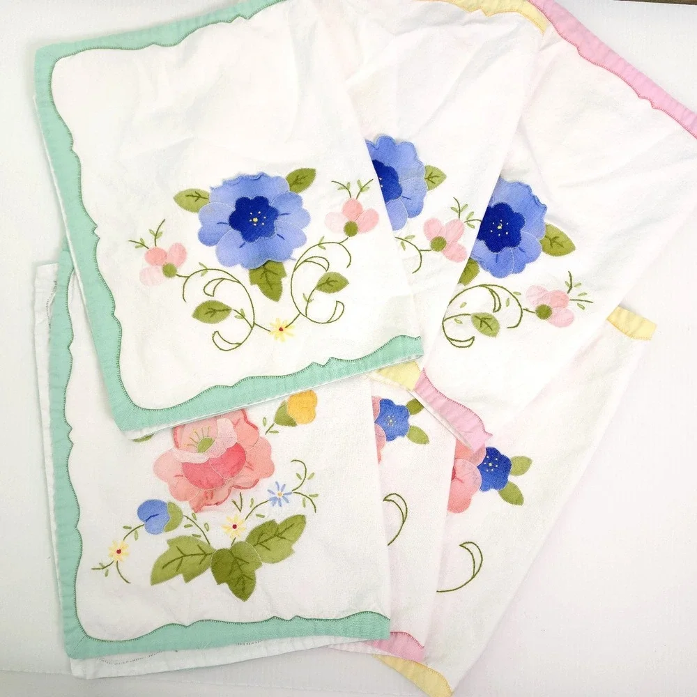 6 Vintage Fabric Placemats Applique‎ Flowers Rectangle Place Mat Pastel